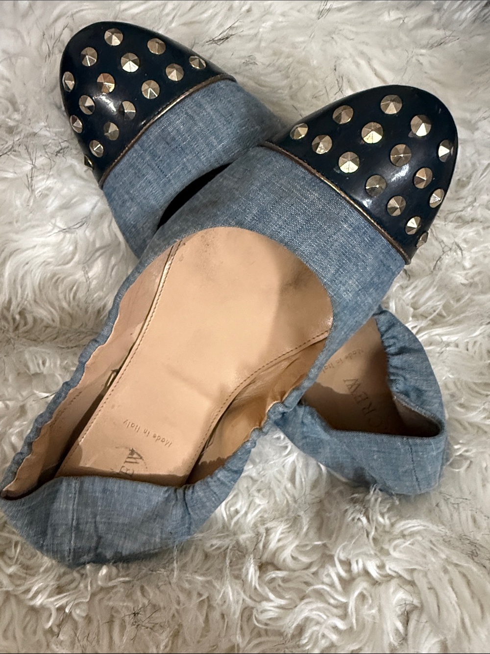 J. Crew Denim Ballet Flats with Black Studded Cap Toe. Run 1/2 size small.